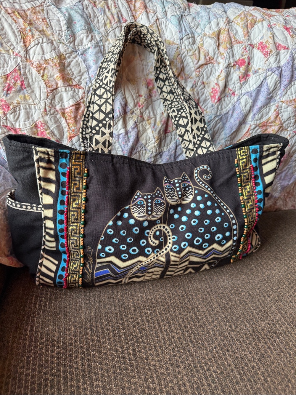 Laurel Burch Spotted Cats Tote Beaded